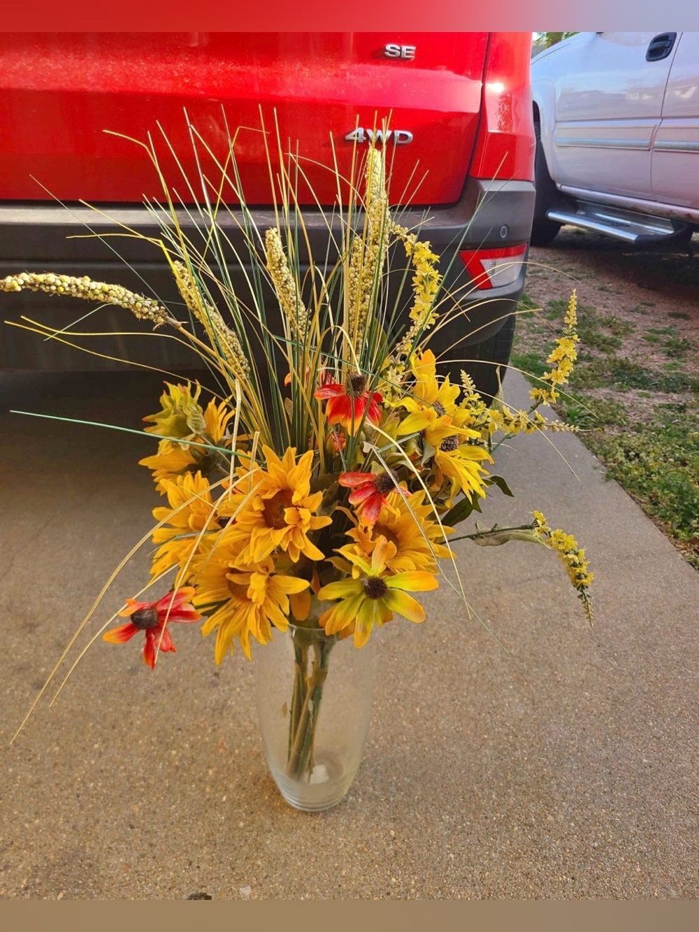 Large Fall Artificial Floral Arrangement Sunflowers Glass Vase 30” Autumn Decor